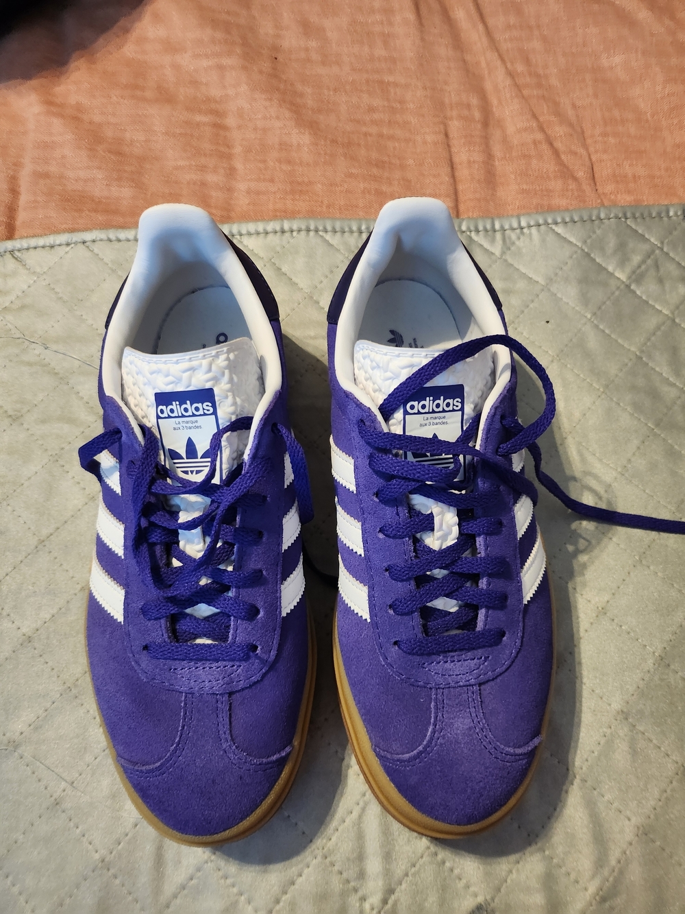 Gazelle- adidas Purple Suede Sneakers with White Stripes and Gum Sole